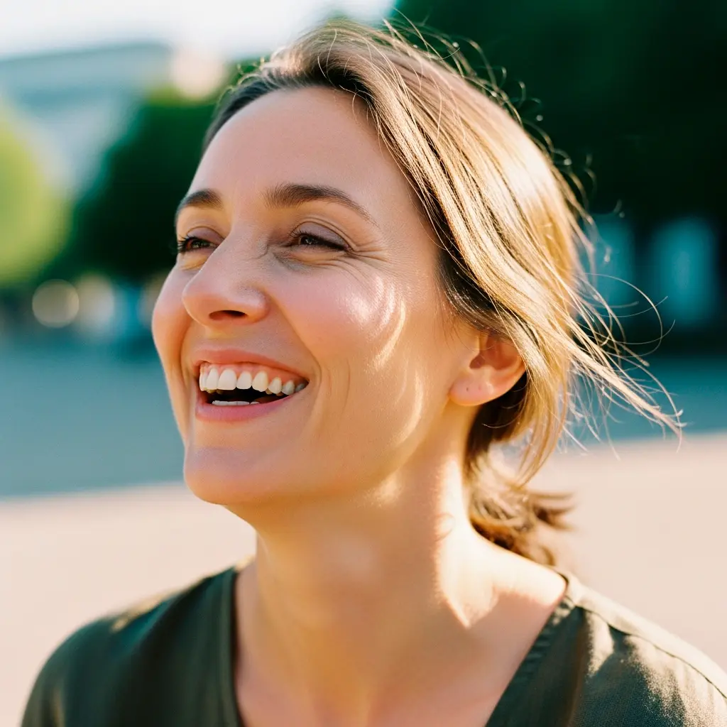 Mulher leve e sorrindo